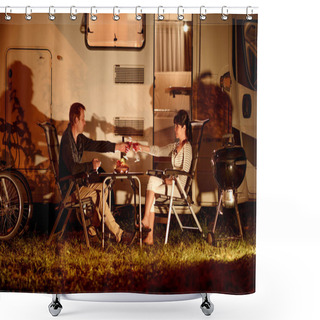 Personality  Adult Couple Clinking Glasses Of Wine. Family Vacation Travel RV, Holiday Trip In Motorhome, Caravan Car Vacation. Shower Curtains