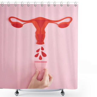 Personality  Partial View Of Woman Holding Menstrual Cup Near Red Paper Cut Female Reproductive Internal Organs With Blood Drops On Pink Background Shower Curtains