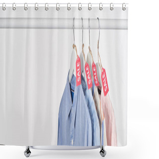 Personality  Elegant Shirts Hanging With Sale Labels Isolated On White, Panoramic Shot Shower Curtains