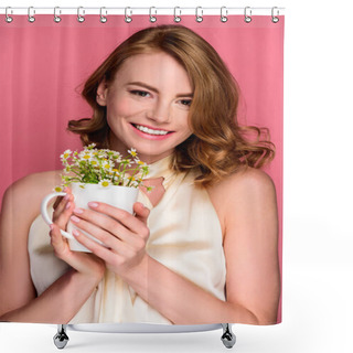 Personality  Beautiful Young Woman Holding Cup With Chamomiles And Smiling At Camera Isolated On Pink Shower Curtains