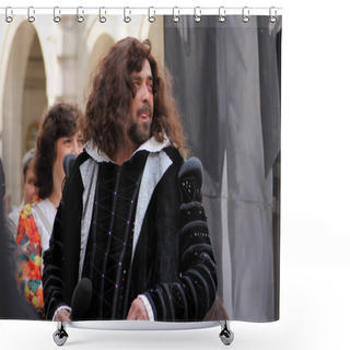 Personality  St. PETERSBURG, RUSSIA - JUL 5, 2014: Actor Alexander Bargmann In Image Of Great English Poet, William Shakespeare At Annual Street Celebration Of Birthday Of Another Great Writer, Feodor Dostoevsky Shower Curtains