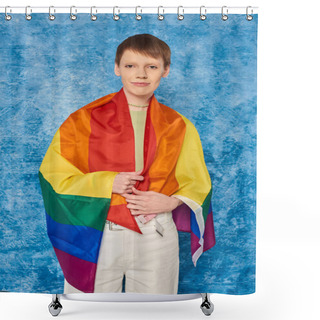 Personality  Portrait Of Young Queer Person Wrapped In Lgbt Flag Looking At Camera And Standing During Pride Month Celebration On Mottled Blue Background Shower Curtains