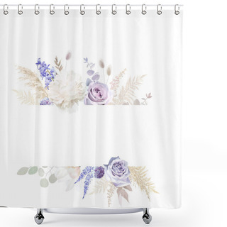 Personality  Modern Beige And Violet Trendy Vector Design Frame. Pastel Dried Pampas Grass, Magnolia, White Peony, Ranunculus, Lavender Purple Rose Card. Wedding Boho Template. Elements Are Isolated And Editable Shower Curtains