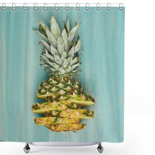 Personality  Top View Of Sliced Yellow Pineapple On Turquoise Wooden Table Shower Curtains