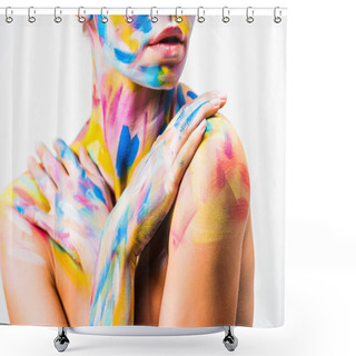 Personality  Cropped Image Of Girl With Colorful Bright Body Art Touching Shoulders Isolated On White  Shower Curtains