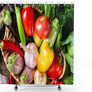 Personality  Various Vegetables In A Basket On A Brown Wooden Table. Lots Of Raw Vegetables In The Basket. Eggplant, Tomatoes, Garlic, Sweet Peppers, Onions On The Table. Top View With Space For Text. Healthy Food Shower Curtains