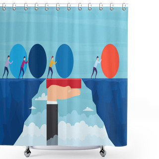 Personality  Businessman Pushes Red Sphere, Overtaking Competitors, Overcoming Difficulties. Concept Of Winning Strategy, Business Efficiency, Leadership. Shower Curtains
