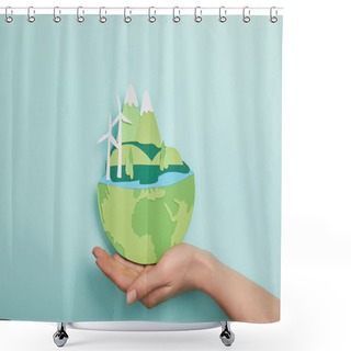 Personality  Top View Of Woman Holding Paper Cut Planet With Renewable Energy Sources On Turquoise Background, Earth Day Concept Shower Curtains