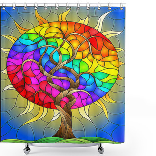 Personality  Illustration In Stained Glass Style With An Abstract Round Rainbow Tree On A Background Of Sky And Sun Shower Curtains