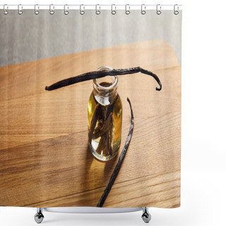 Personality  Vanilla Pods With Glass Bottle Of Essential Oil On Wooden Cutting Board Shower Curtains