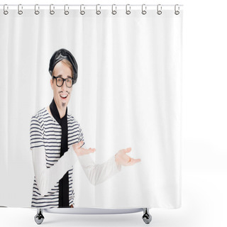 Personality   Cheerful French Man With Mustache Smiling And Showing Welcome Gesture Isolated On White  Shower Curtains