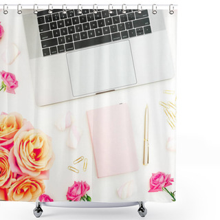 Personality  Laptop, Roses Flowers, Diary, Pen, Candy And Petals On White Bac Shower Curtains