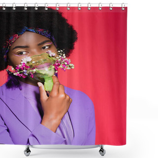Personality  African American Young Woman In Purple Stylish Outfit With Flowers In Inhaler Isolated On Red Shower Curtains