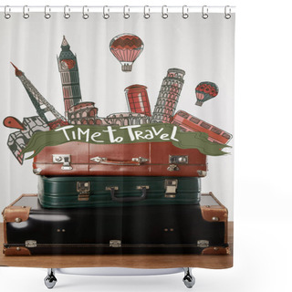 Personality  Stacked Old Leather Suitcases With Time To Travel Inspiration And Cities Illustration Shower Curtains