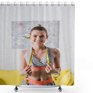 Personality  Front View Of Sportswoman With Measuring Tape Over Neck At Home Shower Curtains