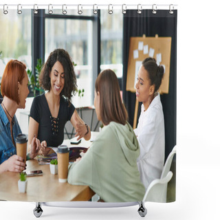 Personality  Excited Multiracial Woman Gesturing While Reading Magazine To Multicultural Girlfriends Sitting At Table With Coffee To Go In Women Club, Common Interests And Knowledge-sharing Concept Shower Curtains