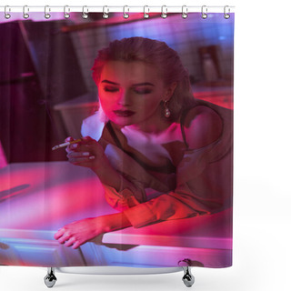Personality  Selective Focus Of Beautiful Elegant Woman Leaning Over Kitchen Counter And Smoking Cigarette In Neon Pink Light Shower Curtains