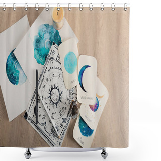 Personality  Top View Of Candle And Cards With Watercolor Drawings Of Moon Phases And Zodiac Signs On Table Shower Curtains