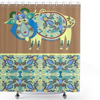 Personality  Folk Ethnic Animal - Wild Boar With Seamless Geometry Vintage Pa Shower Curtains
