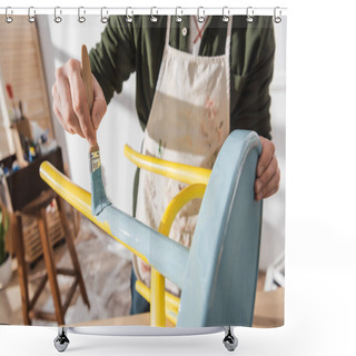 Personality  Cropped View Of Craftsman Painting On Wooden Chair In Blurred Workshop  Shower Curtains
