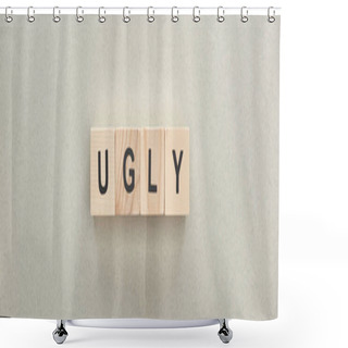 Personality  Panoramic Shot Of Wooden Blocks With Ugly Lettering On Grey Background, Bullying Concept Shower Curtains