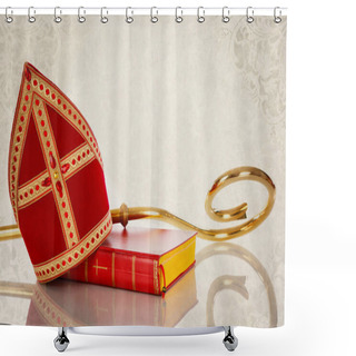 Personality  Mitre Or Mijter And Staff Of Sinterklaas.On Vintage Backgroud. Dutch Tradition Saint Nicholas Shower Curtains