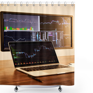 Personality  Laptop And Computer With Charts And Graphs On Table  Shower Curtains
