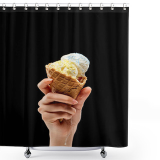 Personality  Cropped View Of Woman Holding Delicious Vanilla Ice Cream With Sprinkles In Crispy Waffle Cone Isolated On Black  Shower Curtains