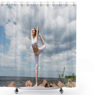Personality  Full Length Of Cheerful Woman Standing In Lord Of Dance Pose On Rocks Near Sea Shower Curtains