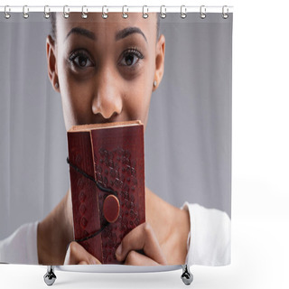 Personality  Curious Eyes Peek Over An Ornate Book, Suggesting A World Of Stories Behind A Mysterious Cover Shower Curtains