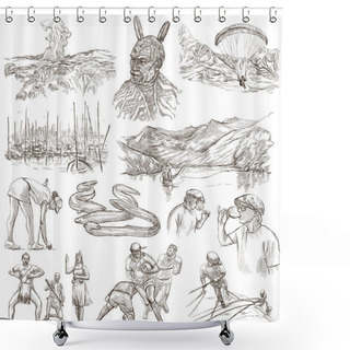 Personality  New Zealand. Pictures Of Life. Freehand Set. An Hand Drawn Colle Shower Curtains