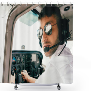 Personality  Pilot In Sunglasses And Headset Looking At Camera In Plane Shower Curtains