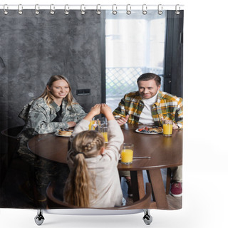 Personality  Smiling Couple And Daughter Having Breakfast, While Sitting At Table In Kitchen  Shower Curtains