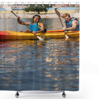 Personality  Overjoyed African American Woman And Young Redhead Man In Life Vests Looking At Water Splashes While Paddling In Sportive Kayak During Summer Weekend  Shower Curtains
