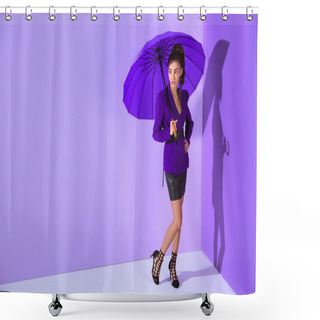 Personality  Fashionable African American Girl Posing In Purple Jacket With Umbrella At Ultra Violet Wall  Shower Curtains
