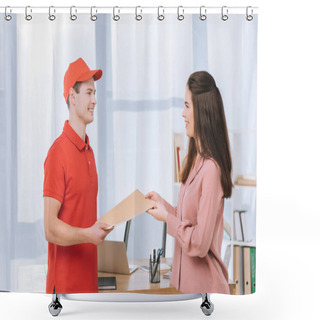 Personality  Side View Of Delivery Man Giving Envelope To Smiling Businesswoman In Office  Shower Curtains