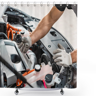 Personality  Cropped View Of Mechanic Holding Oil Cap Near Motor Compartment Shower Curtains