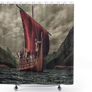 Personality  Group Of Vikings Are Floating On The Sea On Drakkar With Mountains On The Background Shower Curtains