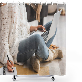 Personality  Cropped View Of Woman Studying Online With Laptop And Notebook At Home Shower Curtains