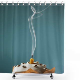 Personality  Selective Focus Of Decorated Easter Cake With Candle And Smoke On Turquoise Shower Curtains