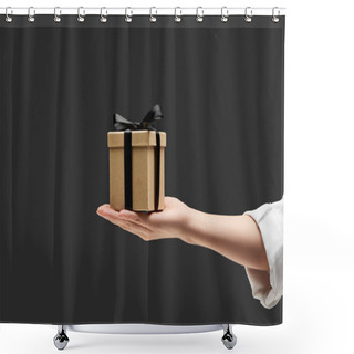 Personality  Cropped View Of Woman Holding Gift Box In Hand Isolated On Black Shower Curtains