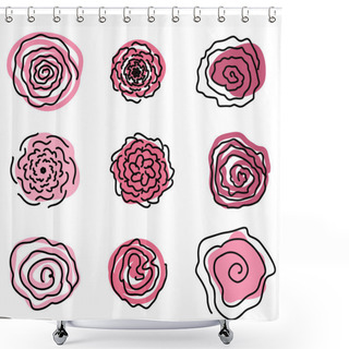 Personality  Set Of Pink Flowers, Buds. The Vector With Roses In A Linear Style With Abstract Spots On An Emerald Background. Floral Background With Roses. Beautiful Rosebuds For Decoration. Shower Curtains