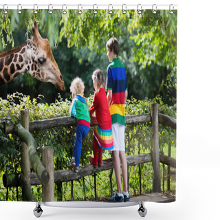 Personality  Kids Feeding Giraffe At The Zoo Shower Curtains