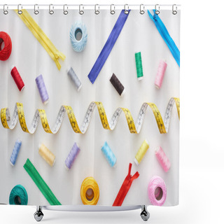 Personality  Top View Of Measuring Tape, Colorful Threads And Zippers On White Background  Shower Curtains