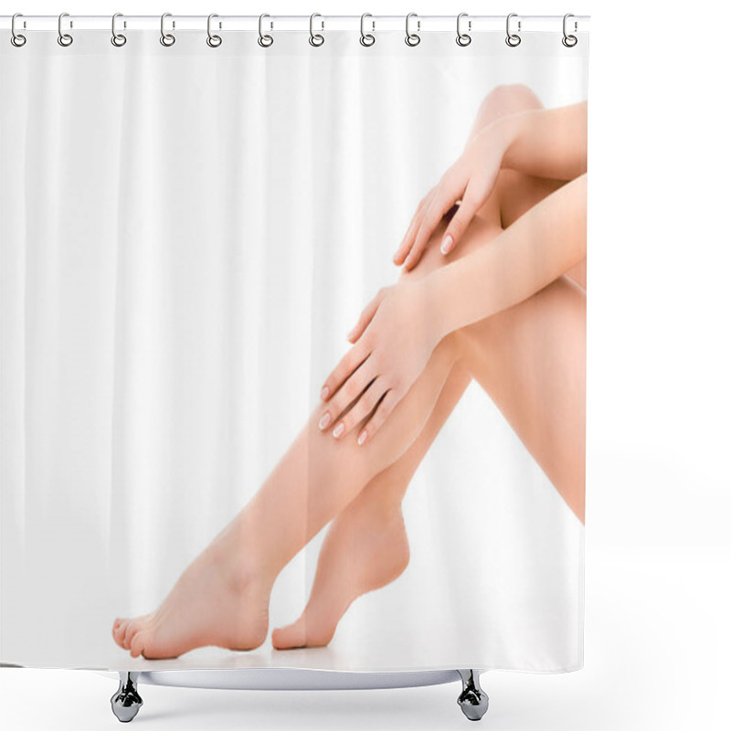 Personality  cropped view of beautiful female legs and hands, isolated on white shower curtains