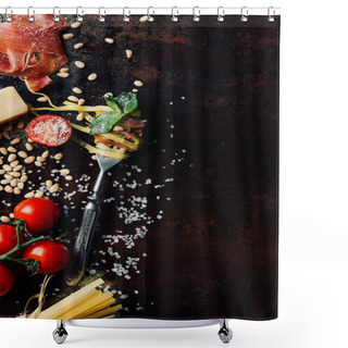 Personality  Top View Of Fork Wrapped By Pasta With Mint Leaves, Jamon, Pine Nuts,  And Cherry Tomatoes Covered By Grated Parmesan On Table Surrounded By Ingredients  Shower Curtains