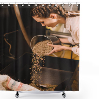 Personality  Side View Of Young Worker Pouring Coffee Beans Into Container Shower Curtains