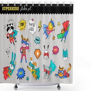 Personality  Superhero Cute Sticker Collection. Vector Hand Drawn Illustrations Shower Curtains