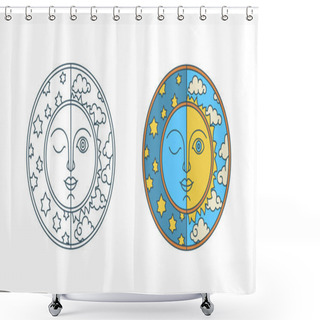 Personality  Day Of Spring Equinox And Autumn Equinox. Chunfen. Sun And Moon With Faces On Background Of Clouds And Stars. Line Flat Vector Illustration.jpg Shower Curtains