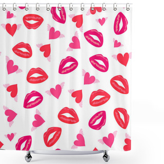 Personality  Print Marks Of Female Red Lips. Seamless Pattern With Heart Love And Red Lips Kiss. Vector. Shower Curtains